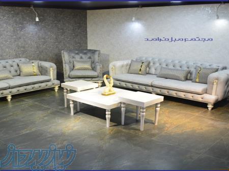 مبل راحتی 8 نفره مدل لوییز با جلومبلی و عسلی رنگ طوسی 