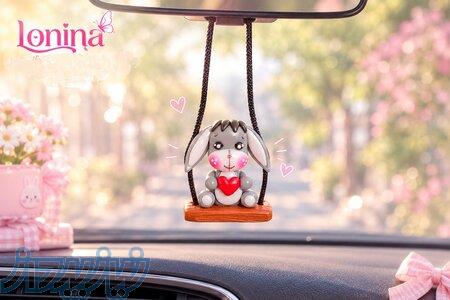 آویز آینه ماشین عروسک الاغ تابدار خمیری دستساز - هدیه قلب 